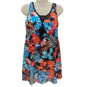 American Trends Womans size L Floral Swimdress One Piece Swimsuit Black NWOT